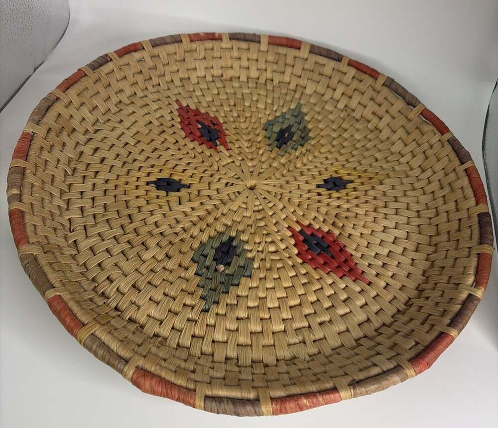 Vintage Round Hand Woven Colorful Basket 13” X 2”